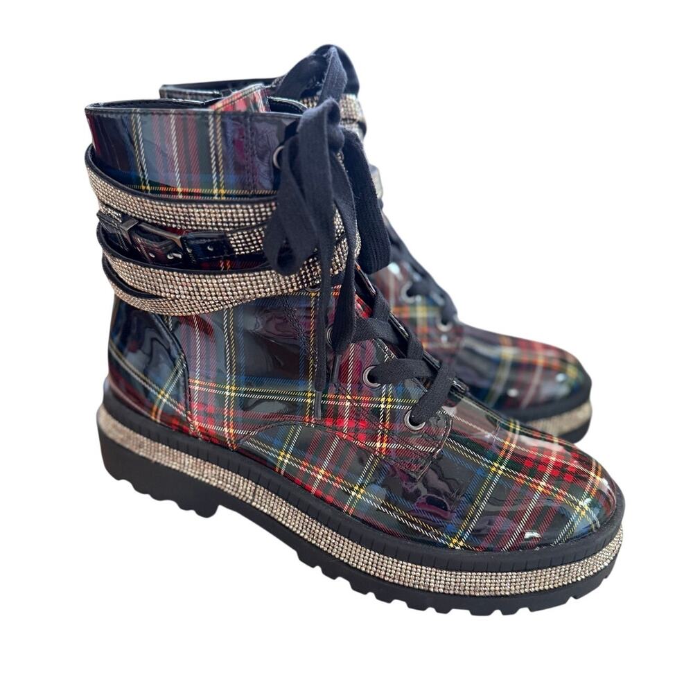 Jessica Simpson Ebrina Tartan Red Green Black Rhinestone Embellished Combat Boot